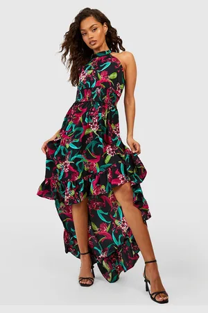 Boohoo Shirred Floral Print Ruffled High-Low Hem A-Line Maxi Dress