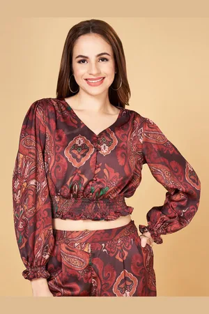 Pantaloons Ethnic Motifs Printed Smocked Blouson Crop Top