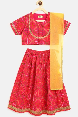 Tiber Taber Girls Pink & Green Printed Ready to Wear Lehenga & Blouse With Dupatta