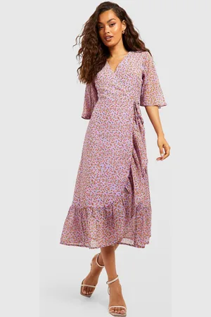 Boohoo Ditsy Floral Print Flared Sleeve Ruffled Wrap Midi Dress