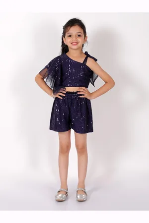 LIL DRAMA Girls Embellished symmetric Neck Top with Shorts