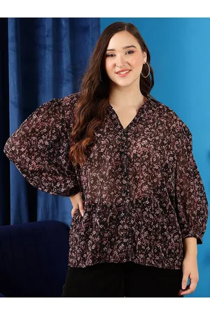 CURVY STREET Plus Size Floral Printed V-Neck Bell Sleeves Ruffled Shirt Style Top