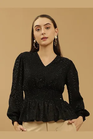BEATNIK Self Design V-Neck Puff Sleeve Smocked Peplum Top