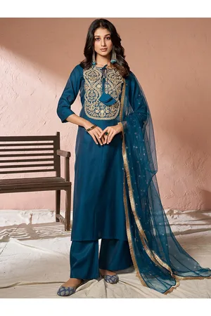Inddus Floral Yoke Design Regular Pure Silk Kurta with Palazzos & Dupatta