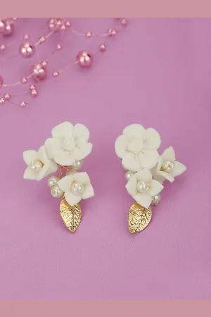 Carlton London Women Rose Gold-Plated Pearl-Studded Floral Drop Earrings