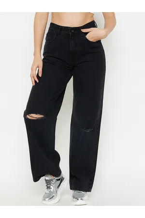 MADAME Women Wide Leg Slash Knee Cotton Jeans