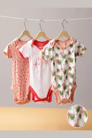 MiArcus Kids Pack Of 3 Flamingo Printed Cotton Rompers