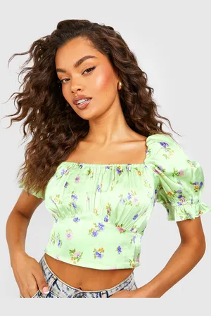 Boohoo Satin Finish Floral Print Smocked Corset Detail Crop Top