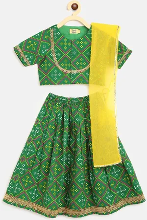 Tiber Taber Girls Green & Yellow Printed Ready to Wear Lehenga & Blouse With Dupatta