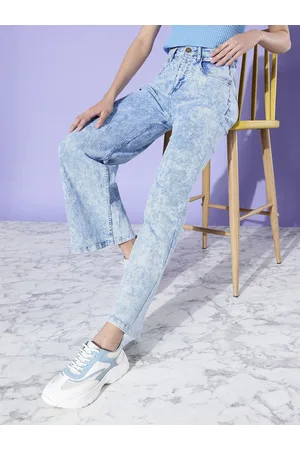 Kook N Keech Women Faded Blue Wide Heavy Fade Stretchable Vacay Chill Graphic High Jeans