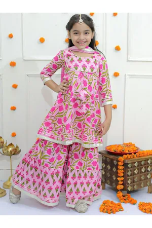 Ka-mee Girls Floral Printed A-Line Kurta with Sharara & With Dupatta