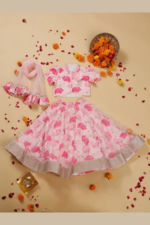 SAKA DESIGNS Girls Floral Printed Satin Ready to Wear Lehenga & Blouse With Dupatta