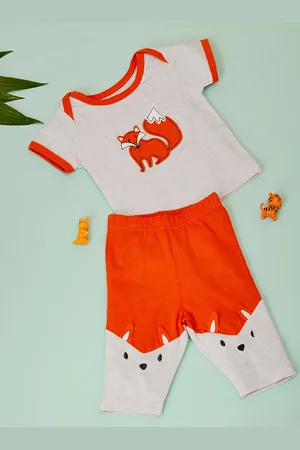 MiArcus Unisex Kids Orange & Beige Printed Pure Cotton T-shirt with Pyjamas