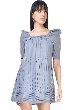 BEATNIK Square Neck Puff Sleeves Schiffli Pure Cotton A-Line Mini Dress