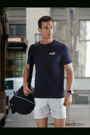 PUMA Men Navy Blue Printed Detail Essentials Small Logo Cotton Pure Cotton T-shirt