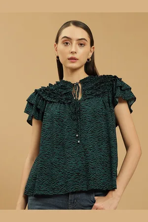 BEATNIK Abstract Printed Tie-Up Neck Flutter Sleeve Ruffled Cotton Regular Top