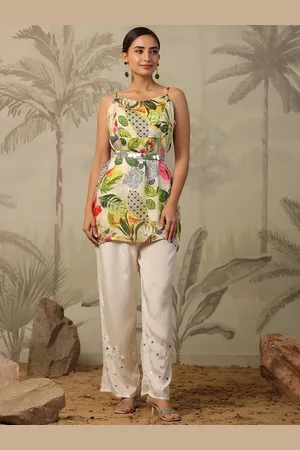 SCAKHI Floral Printed & Embellished Satin Tunic & Palazzos With Belt