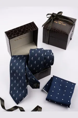 The Tie Hub Men Printed Silk Necktie with Pocket Square