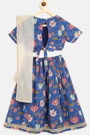 Tiber Taber Girls Blue & Pink Floral Printed Ready to Wear Lehenga & Blouse With Dupatta