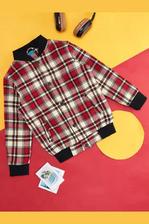 Pantaloons Girls Checked Stand Collar Bomber Jacket