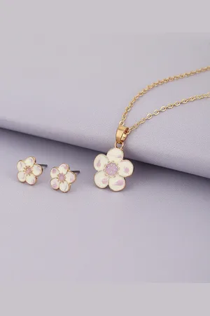 Carlton London Girls Gold-Plated Floral Enamelled Jewellery Set