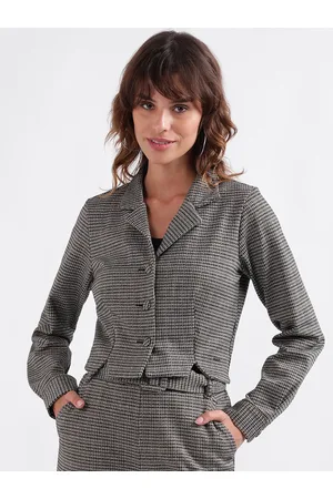 Elle Checked Single-Breasted Long Sleeved Crop Blazer