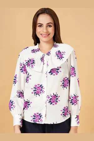 Pantaloons Floral Printed Cuffed Sleeves Gathered Detailed Cotton Shirt Style Top