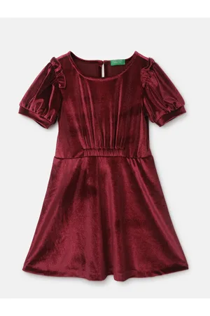 Benetton Girls Puff Sleeves Fit & Flare Dress