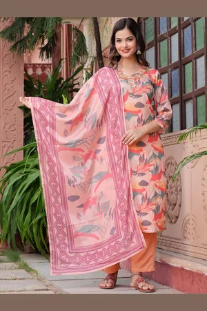 Hatheli Floral Printed Regular Pure Cotton Straight Kurta With Trousers & Dupatta