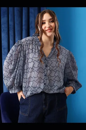 CURVY STREET Plus Size Lavender Geometric Printed Ruffles Shirt Style Top