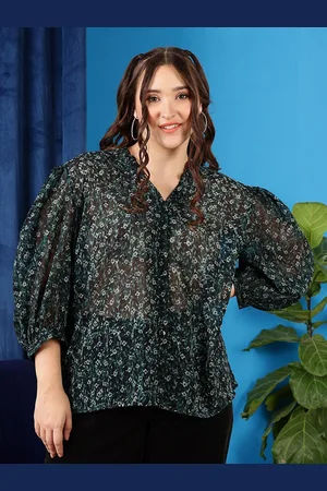 CURVY STREET Plus Size Black Floral Printed Semi Sheer Ruffles Shirt Style Top
