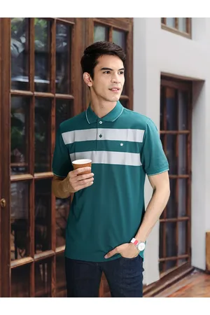 Louis Philippe Men Teal Green & Grey Striped Polo Collar T-shirt