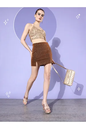 DressBerry Women Rust Copper Draped In Daze Embellished Skirt