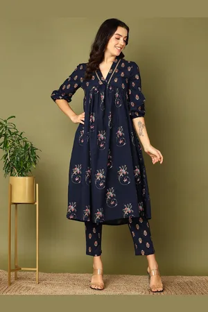 HERE&NOW Navy Blue Floral Printed Empire Pure Cotton Kurta With Trousers