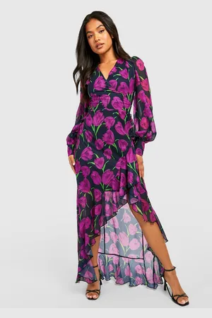 Boohoo Petite Floral Print Puff Sleeve Wrap Maxi Dress