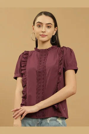 BEATNIK High Neck Puff Sleeve Lace Inserts & Ruffled Regular Top