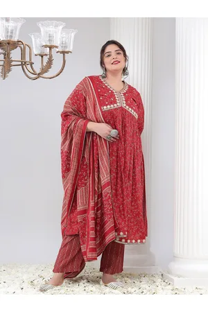 Bani Women Plus Size Floral Printed Thread Work Empire Kurta With Trousers & Dupatta