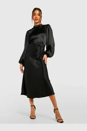 Boohoo Balloon Sleeve Satin A-Line Midi Dress