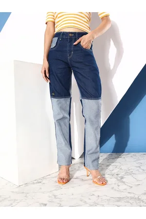 Kook N Keech Women Cool Blue Straight Fit Colourblocked Stretchable Upgraded denims Jeans