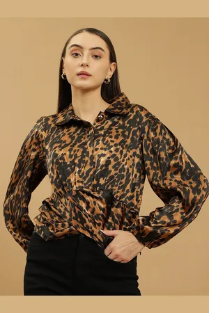 BEATNIK Animal Skin Printed Shirt Collar Puff Sleeve Regular Top