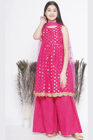 Little Bansi Girls Ethnic Motifs Woven Design Pure Cotton Kurta with Sharara & Dupatta