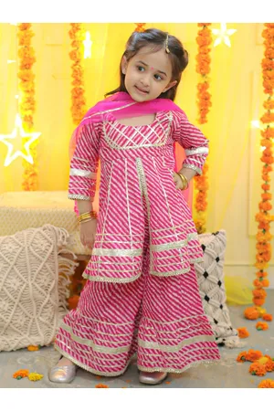BownBee Girls Leheriya Printed Empire Gotta Patti Pure Cotton Kurta with Sharara & Dupatta
