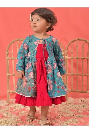 Vastramay Girls Cotton Dress With Printed Jacket