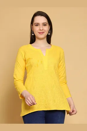 ADAM Co. Floral Embroidered Lucknowi Chikankari Round Neck Pure Cotton Kurti