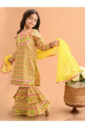 LilPicks Girls Ethnic Motifs Printed Gotta Patti Pure Cotton Kurta With Sharara & Dupatta