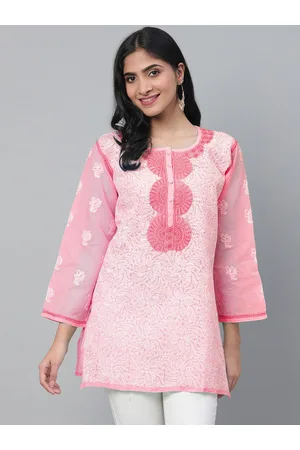 ADAM Co. Floral Lucknowi Chikankari Round Neck Straight Pure Cotton Kurti