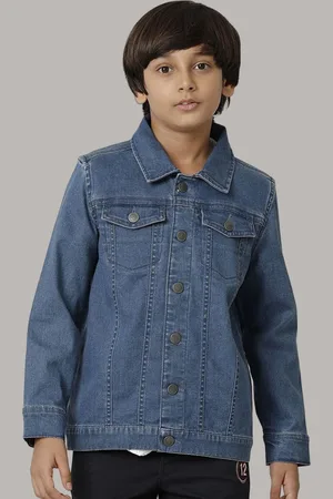 UNDER FOURTEEN ONLY Boys Typography Printed Spread Collar Denim Jacket