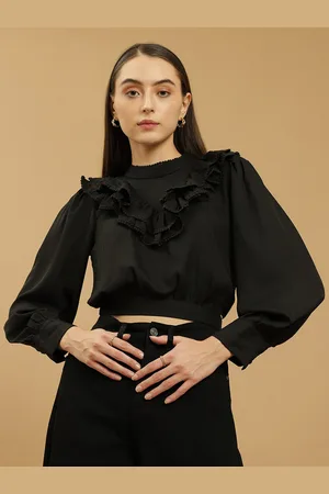 BEATNIK High Neck Ruffled Cuffed Sleeves Crop Regular Top