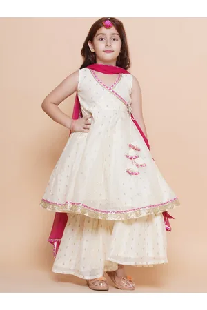 Bhama Girls Woven Design Angrakha Gotta Patti Kurta with Sharara & Dupatta