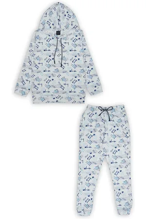 CAVIO Boys Typography Printed Hooded Pure Cotton T-shirt with Pyjamas